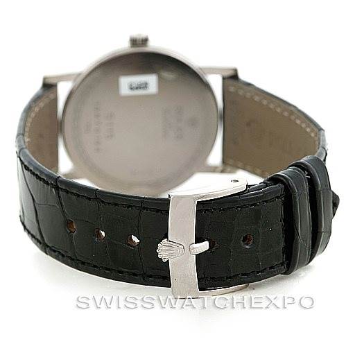 The image shows the back view of a Rolex Cellini 5115 Men's White Gold Silver Dial 5115 Men's White Gold Silver Dial watch, displaying its leather strap and buckle.