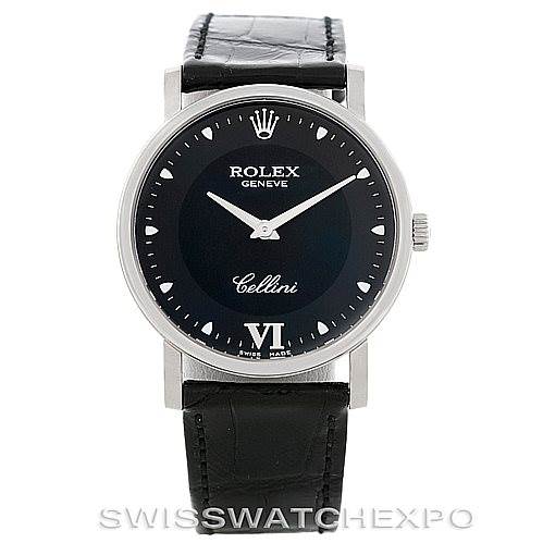 The image shows a front view of the Rolex Cellini 5115 Men's White Gold Black Dial 5115 Men's White Gold Black Dial watch, highlighting its black dial, silver hands, and black leather strap.