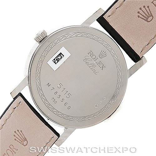 The image shows the back case and leather straps of a Rolex Cellini 5115 Men's White Gold Black Dial 5115 Men's White Gold Black Dial model watch, viewed from the backside.