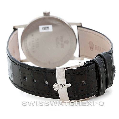 This image shows the back of a Rolex Cellini 5115 Men's White Gold Black Dial 5115 Men's White Gold Black Dial watch, focusing on the clasp and leather strap.
