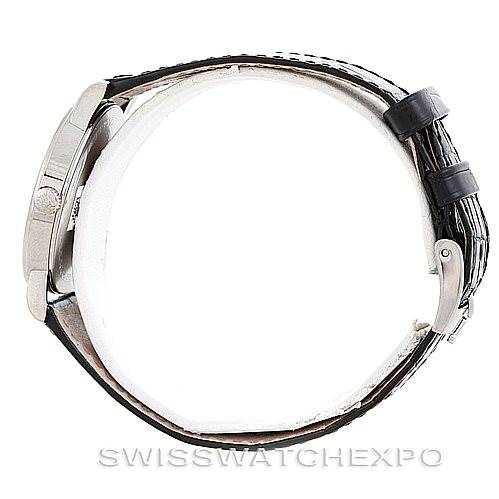 The image shows a side view of a Rolex Cellini 5115 Men's White Gold Black Dial 5115 Men's White Gold Black Dial watch, focusing on the watch's case, crown, and leather strap with clasp.