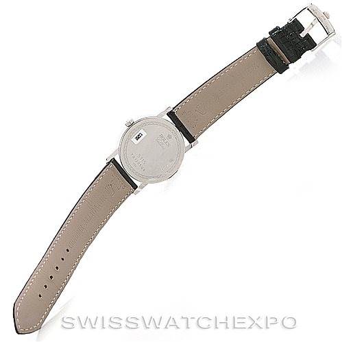 The image shows the back view of a Rolex Cellini 5115 Men's White Gold Silver Dial 5115 Men's White Gold Silver Dial watch, displaying its leather strap and clasp.