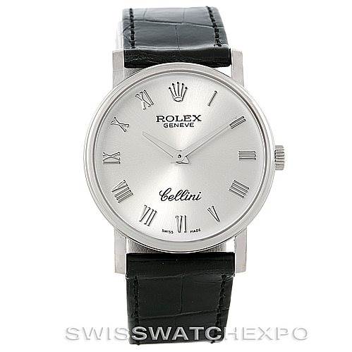 The image shows a front view of a Rolex Cellini 5115 Men's White Gold Silver Dial 5115 Men's White Gold Silver Dial watch with a silver dial and Roman numeral indices, paired with a black leather strap.
