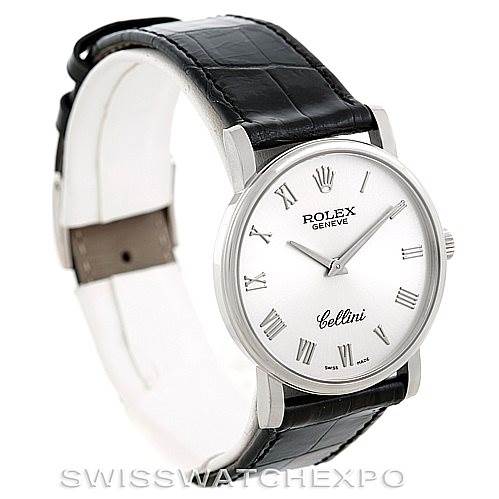 The image shows a Rolex Cellini 5115 Men's White Gold Silver Dial 5115 Men's White Gold Silver Dial watch at a 3/4 angle, featuring its face, strap, and crown.
