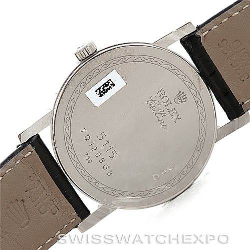 This image shows the back and part of the leather strap of a Rolex Cellini 5115 Men's White Gold Silver Dial 5115 Men's White Gold Silver Dial watch.