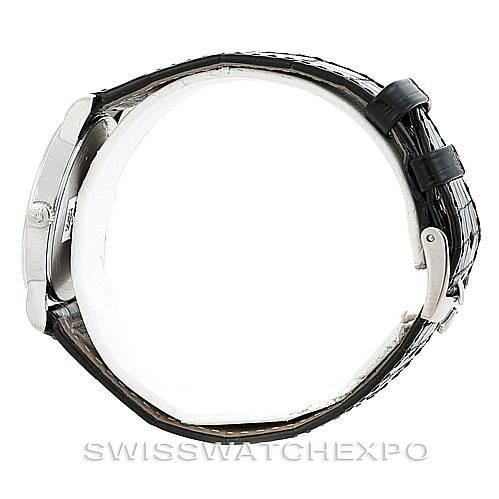 The image shows a side view of the watch case, crown, and clasp of the Rolex Cellini 5115 Men's White Gold Silver Dial 5115 Men's White Gold Silver Dial model, with a leather strap and buckle.