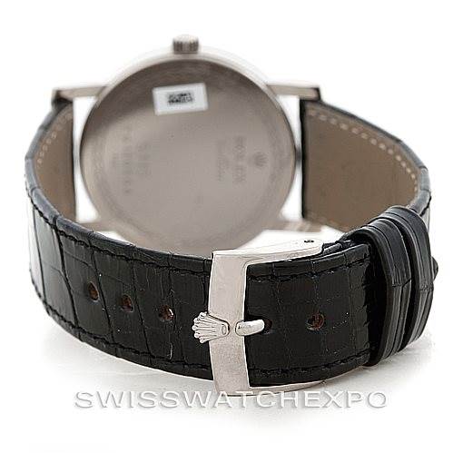 The image shows the back view of a Rolex Cellini 5115 Men's White Gold Silver Dial 5115 Men's White Gold Silver Dial watch, highlighting its leather strap and clasp.