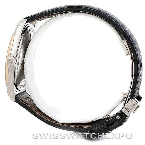 This image shows a side view of a Rolex Cellini 4243 Men's White Gold Silver Dial 4243 Men's White Gold Silver Dial watch, highlighting its case, crown, and leather strap with buckle.