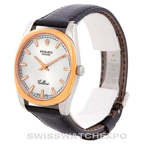 The Rolex Cellini 4243 Men's White Gold Silver Dial 4243 Men's White Gold Silver Dial watch is shown at a three-quarter angle, highlighting its face, bezel, crown, and leather strap.