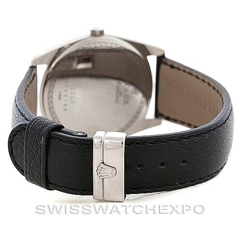 This image shows the back view of a Rolex Cellini 4243 Men's White Gold Silver Dial 4243 Men's White Gold Silver Dial watch, focusing on the black leather strap and clasp.