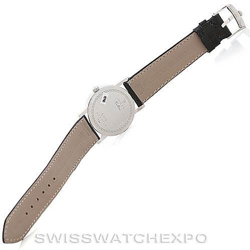 This image shows the back view of a Rolex Cellini 5115 Men's White Gold Silver Dial 5115 Men's White Gold Silver Dial watch, including the case back and leather strap.