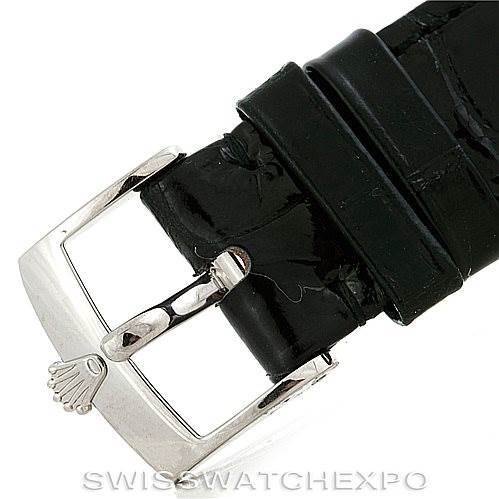 The image shows a close-up of the black leather strap and buckle of a Rolex Cellini 5115 Men's White Gold Silver Dial 5115 Men's White Gold Silver Dial watch.