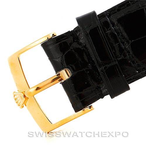 This image shows a close-up angle of a black leather strap and gold buckle for the Rolex Cellini 5330 Men's Yellow Gold White Dial 5330 Men's Yellow Gold White Dial watch.