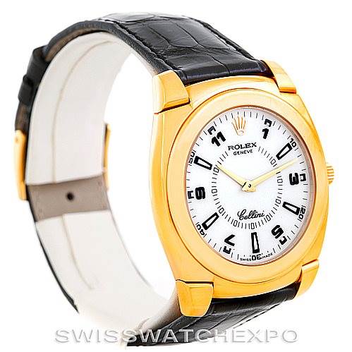 This Rolex Cellini 5330 Men's Yellow Gold White Dial 5330 Men's Yellow Gold White Dial model watch is shown at a three-quarter angle, highlighting its gold case, white dial, black leather strap, and Arabic numerals.