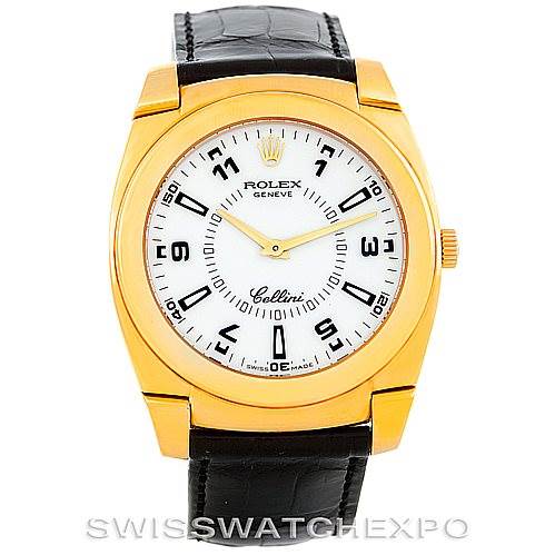 This image shows a frontal view of a Rolex Cellini 5330 Men's Yellow Gold White Dial 5330 Men's Yellow Gold White Dial watch, highlighting its golden case, white dial, and black leather strap.