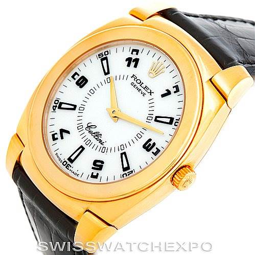 This image shows the front view of a Rolex Cellini 5330 Men's Yellow Gold White Dial 5330 Men's Yellow Gold White Dial watch, highlighting the face, gold case, crown, and black leather strap.