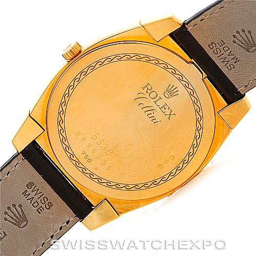 The image shows the back case of a Rolex Cellini 5330 Men's Yellow Gold White Dial 5330 Men's Yellow Gold White Dial watch, including the leather strap and case markings.