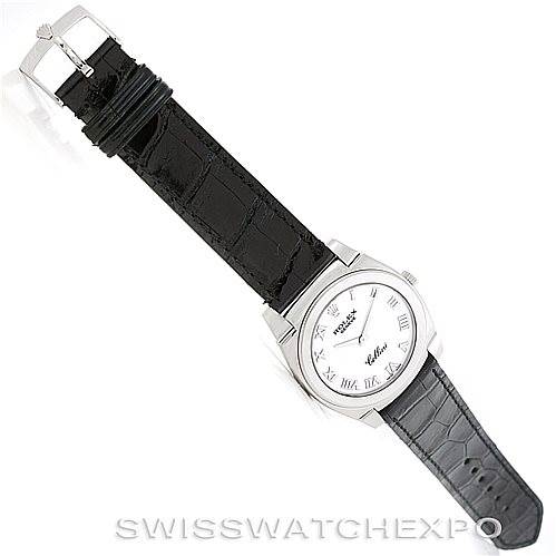 The Rolex Cellini 5330 Men's White Gold White Dial 5330 Men's White Gold White Dial watch is shown from a top-down angle, displaying the full face, strap, and clasp.