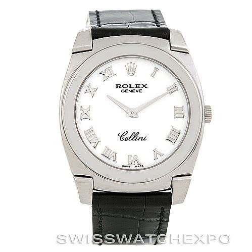 The image shows a Rolex Cellini 5330 Men's White Gold White Dial 5330 Men's White Gold White Dial watch from a front angle, highlighting the face, bezel, crown, and leather strap.