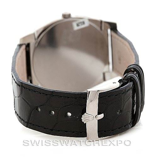 The image shows the rear view of a Rolex Cellini 5330 Men's White Gold White Dial 5330 Men's White Gold White Dial watch, focusing on the strap, clasp, and buckle.