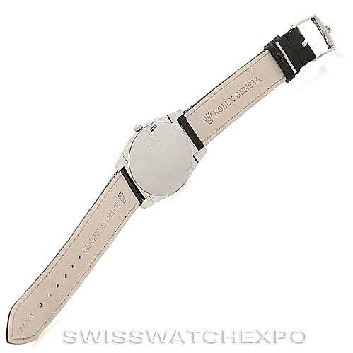The image shows the back view of the Rolex Cellini 5330 Men's White Gold White Dial 5330 Men's White Gold White Dial watch, highlighting its leather strap and metal case back.