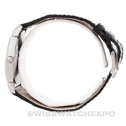 This image shows a side view of a Rolex Cellini 5330 Men's White Gold White Dial 5330 Men's White Gold White Dial watch with a focus on the case, crown, and leather strap.