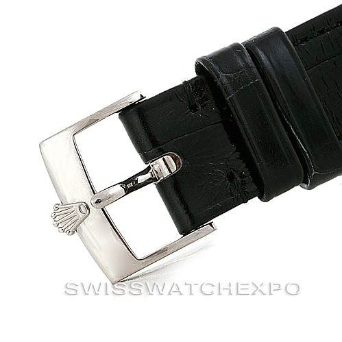 The image shows a close-up of the buckle and strap of a black leather Rolex Cellini 5116 Men's White Gold Mother of Pearl Dial 5116 Men's White Gold Mother of Pearl Dial watch.