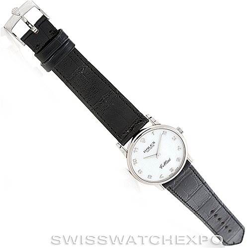 The Rolex Cellini 5116 Men's White Gold Mother of Pearl Dial 5116 Men's White Gold Mother of Pearl Dial watch is shown from a top-down angle, displaying the dial, strap, and buckle.