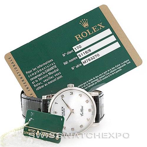 The image shows a Rolex Cellini 5116 Men's White Gold Mother of Pearl Dial 5116 Men's White Gold Mother of Pearl Dial watch with its Rolex certification card and tag from a frontal angle.