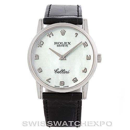 This image shows a front view of a Rolex Cellini 5116 Men's White Gold Mother of Pearl Dial 5116 Men's White Gold Mother of Pearl Dial watch, displaying its dial, hands, case, and strap.