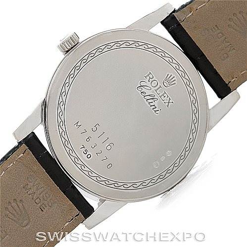 The image shows the back casing of a Rolex Cellini 5116 Men's White Gold Mother of Pearl Dial 5116 Men's White Gold Mother of Pearl Dial watch, highlighting the model number and leather straps.