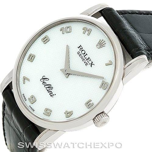 This image shows a Rolex Cellini 5116 Men's White Gold Mother of Pearl Dial 5116 Men's White Gold Mother of Pearl Dial watch at an angled view, highlighting the dial, crown, case, and black leather strap.