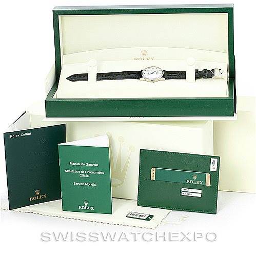 The image shows a Rolex Cellini 5116 Men's White Gold Mother of Pearl Dial 5116 Men's White Gold Mother of Pearl Dial watch from a front angle, along with its box, manuals, and authentication cards.