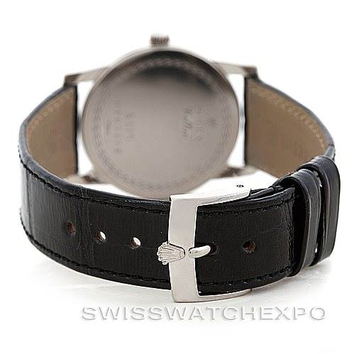 The image shows the back of a Rolex Cellini 5116 Men's White Gold Mother of Pearl Dial 5116 Men's White Gold Mother of Pearl Dial watch, focusing on the leather strap and buckle.