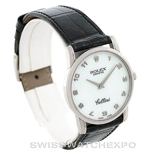 The image shows a Rolex Cellini 5116 Men's White Gold Mother of Pearl Dial 5116 Men's White Gold Mother of Pearl Dial watch at a 3/4 angle, displaying its face and black leather strap.