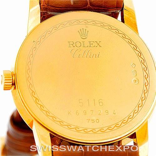 This image shows the back case of the Rolex Cellini 5116 Men's Yellow Gold Champagne Dial 5116 Men's Yellow Gold Champagne Dial model watch, highlighting the brand, model name, and serial number.