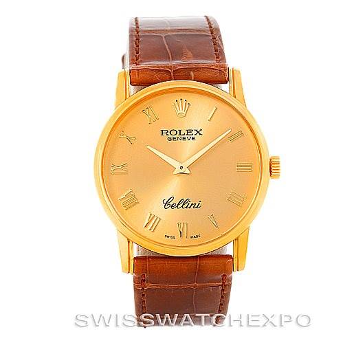 The image shows a front view of a Rolex Cellini 5116 Men's Yellow Gold Champagne Dial 5116 Men's Yellow Gold Champagne Dial watch with a gold case and brown leather strap.