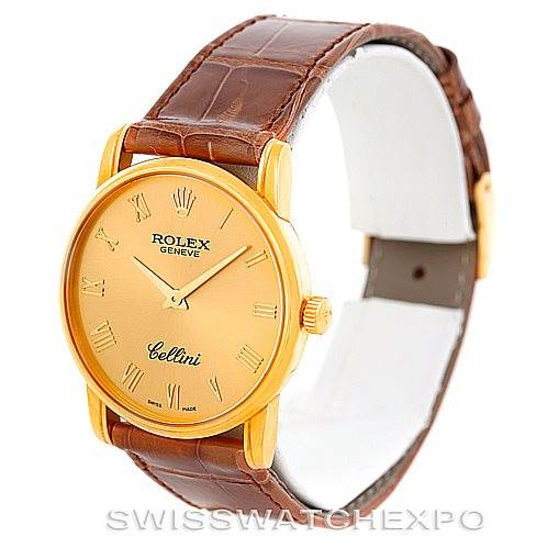 This Rolex Cellini 5116 Men's Yellow Gold Champagne Dial 5116 Men's Yellow Gold Champagne Dial watch is shown at a slight left-side angle, featuring its gold case, dial, and brown leather strap.