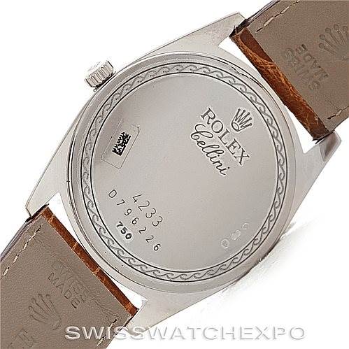 This image shows the back case and leather straps of a Rolex Cellini 4233 Men's White Gold White Dial 4233 Men's White Gold White Dial watch.