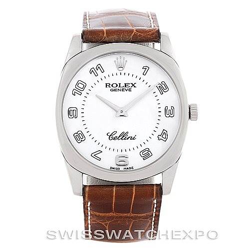 The image shows a front view of a Rolex Cellini 4233 Men's White Gold White Dial 4233 Men's White Gold White Dial watch with a white dial and a brown leather strap.