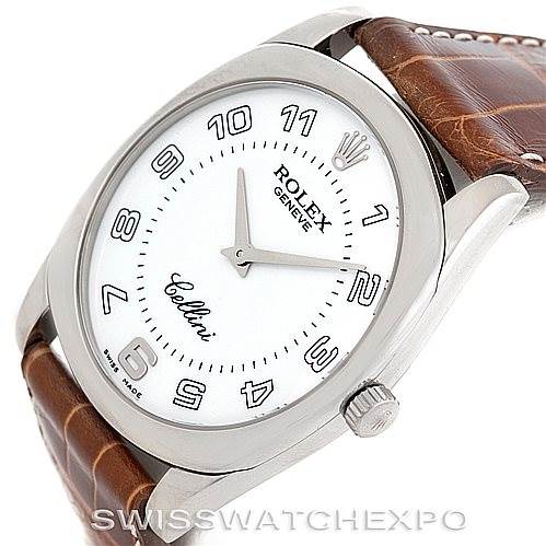 The image shows a Rolex Cellini 4233 Men's White Gold White Dial 4233 Men's White Gold White Dial watch from a front-angle, highlighting its dial, hands, crown, and brown leather strap.