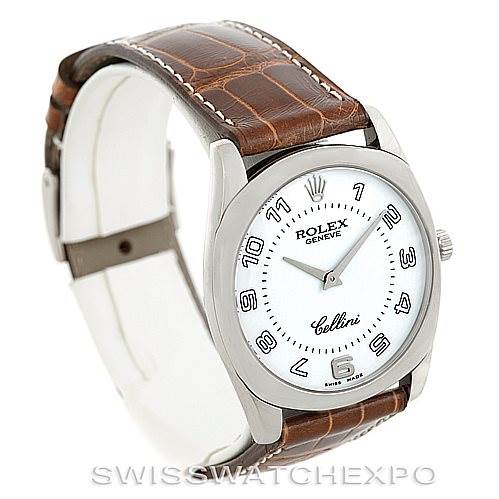The image shows a Rolex Cellini 4233 Men's White Gold White Dial 4233 Men's White Gold White Dial watch at an angled side view highlighting its dial, crown, and brown leather strap.