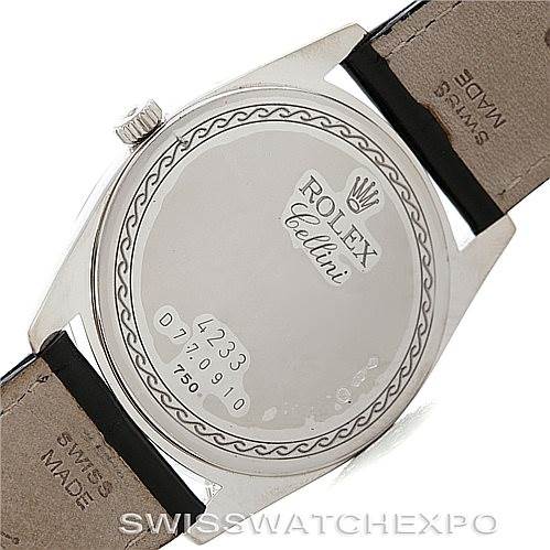 This image shows the back of a Rolex Cellini 4233 Men's White Gold Black Dial 4233 Men's White Gold Black Dial watch, highlighting the case back, branding, serial numbers, and leather straps.