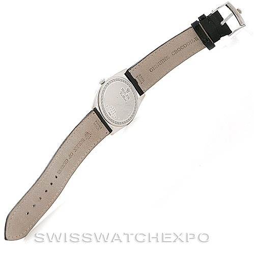 The image shows the back view of a Rolex Cellini 4233 Men's White Gold Black Dial 4233 Men's White Gold Black Dial watch, highlighting the case back and leather strap with buckle.