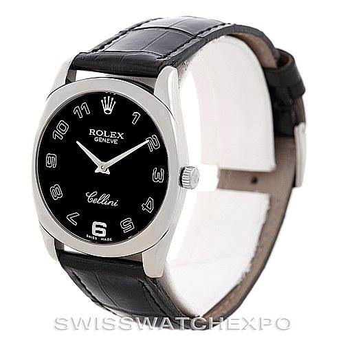 The image shows a Rolex Cellini 4233 Men's White Gold Black Dial 4233 Men's White Gold Black Dial watch from a front-right angle, displaying its black dial and leather strap.