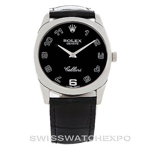 The Rolex Cellini 4233 Men's White Gold Black Dial 4233 Men's White Gold Black Dial watch is shown from a front angle, displaying its black dial, silver case, crown, and black leather strap.