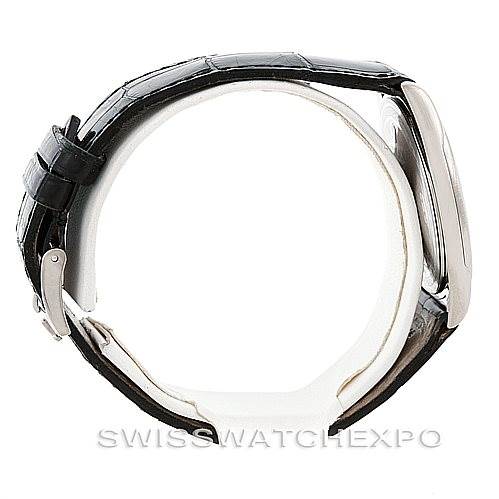 The image shows a Rolex Cellini 4233 Men's White Gold Black Dial 4233 Men's White Gold Black Dial watch in a side profile view, displaying the clasp and leather strap.