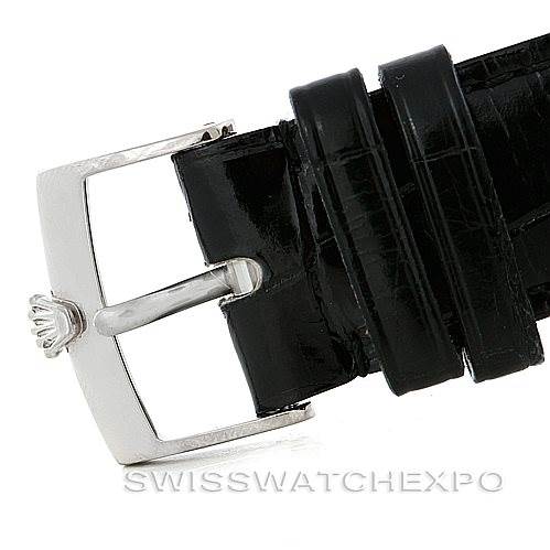 This image shows a close-up of the buckle and leather strap of a Rolex Cellini 4233 Men's White Gold Black Dial 4233 Men's White Gold Black Dial watch.