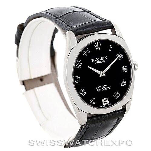 The image shows a Rolex Cellini 4233 Men's White Gold Black Dial 4233 Men's White Gold Black Dial watch from a slight angle, highlighting the dial, hour markers, and leather strap.