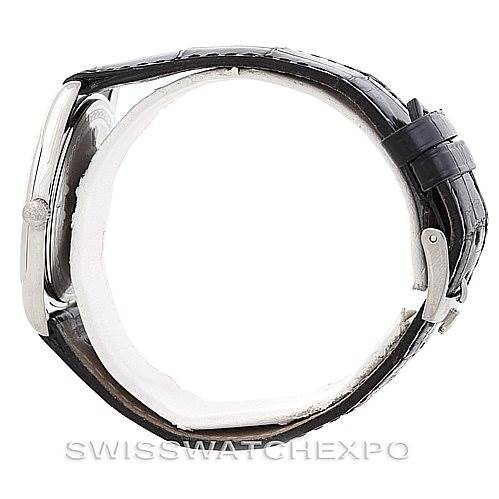 This image shows a side view of a Rolex Cellini 4233 Men's White Gold Black Dial 4233 Men's White Gold Black Dial watch highlighting the case, crown, and leather strap.